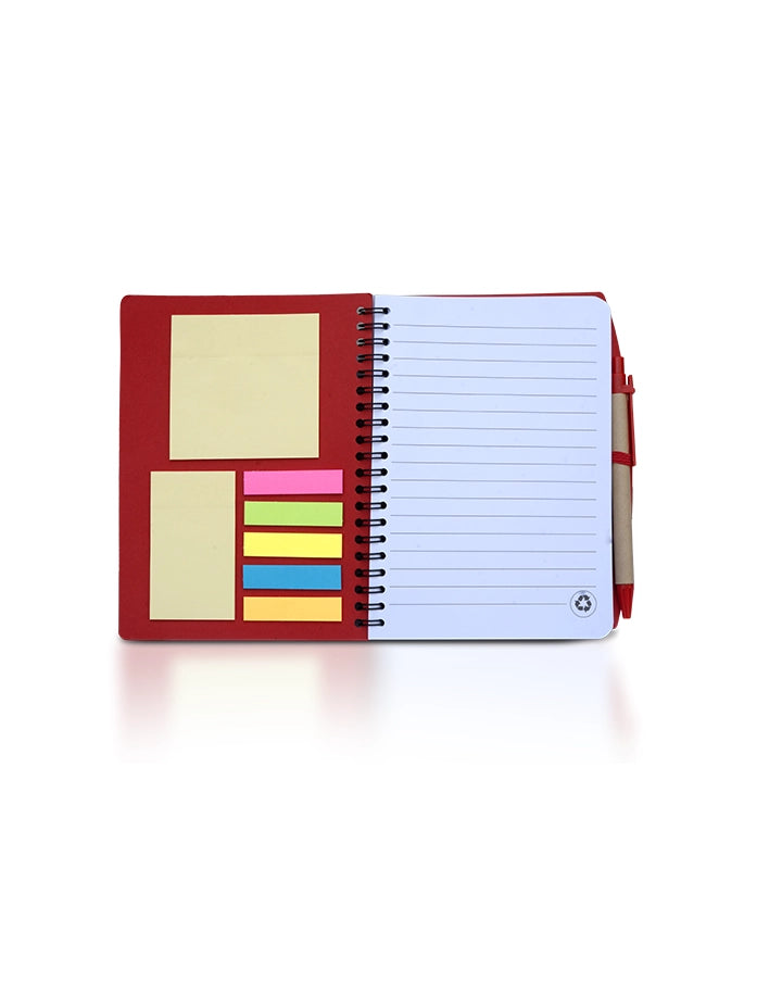 Promotional Spiral Notebook with Sticky Notes & Pen – Red Cover – Customizable Office Giveaway